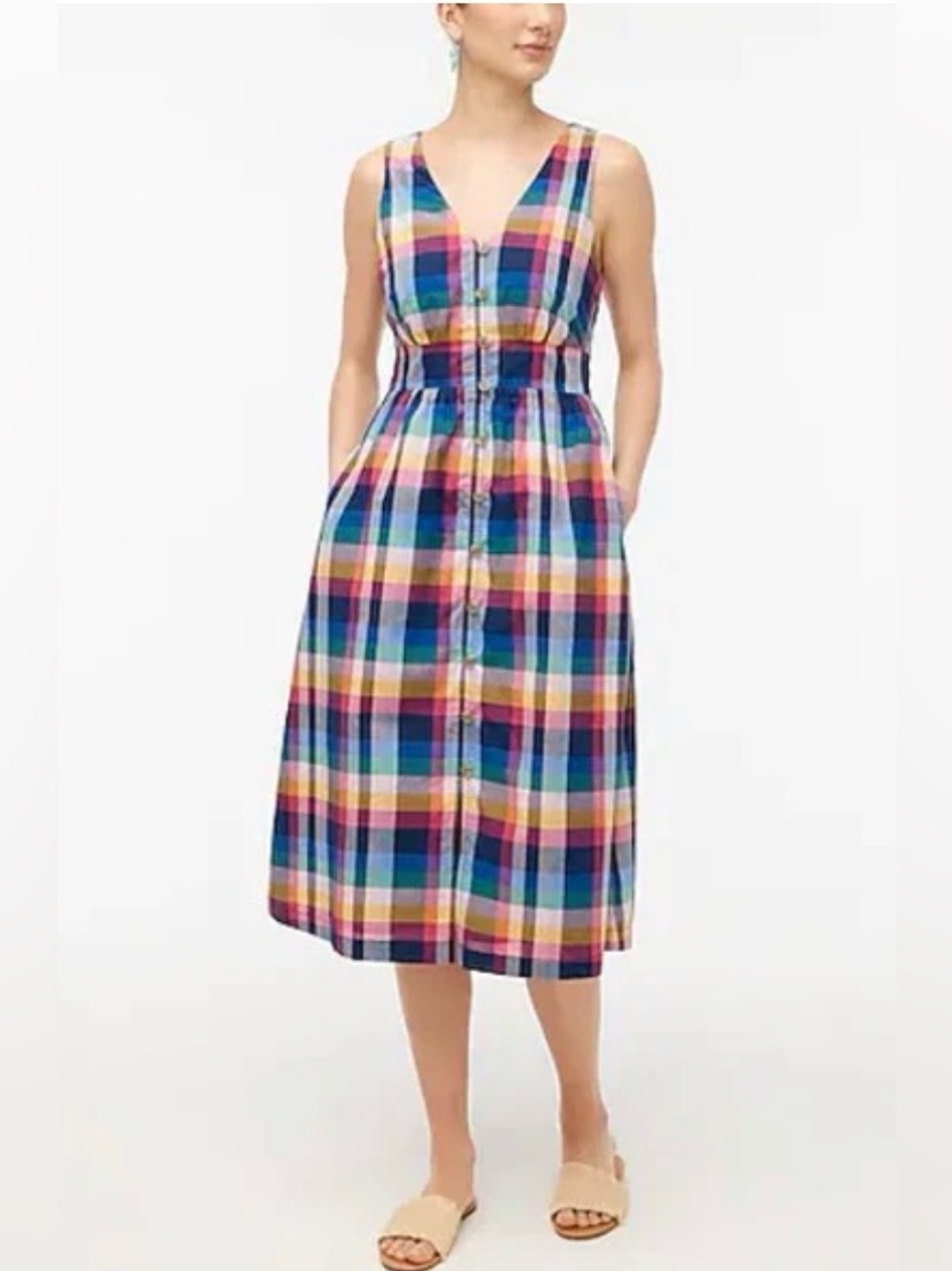 J.Crew Navy and Multicolor Plaid Button-Front Dress